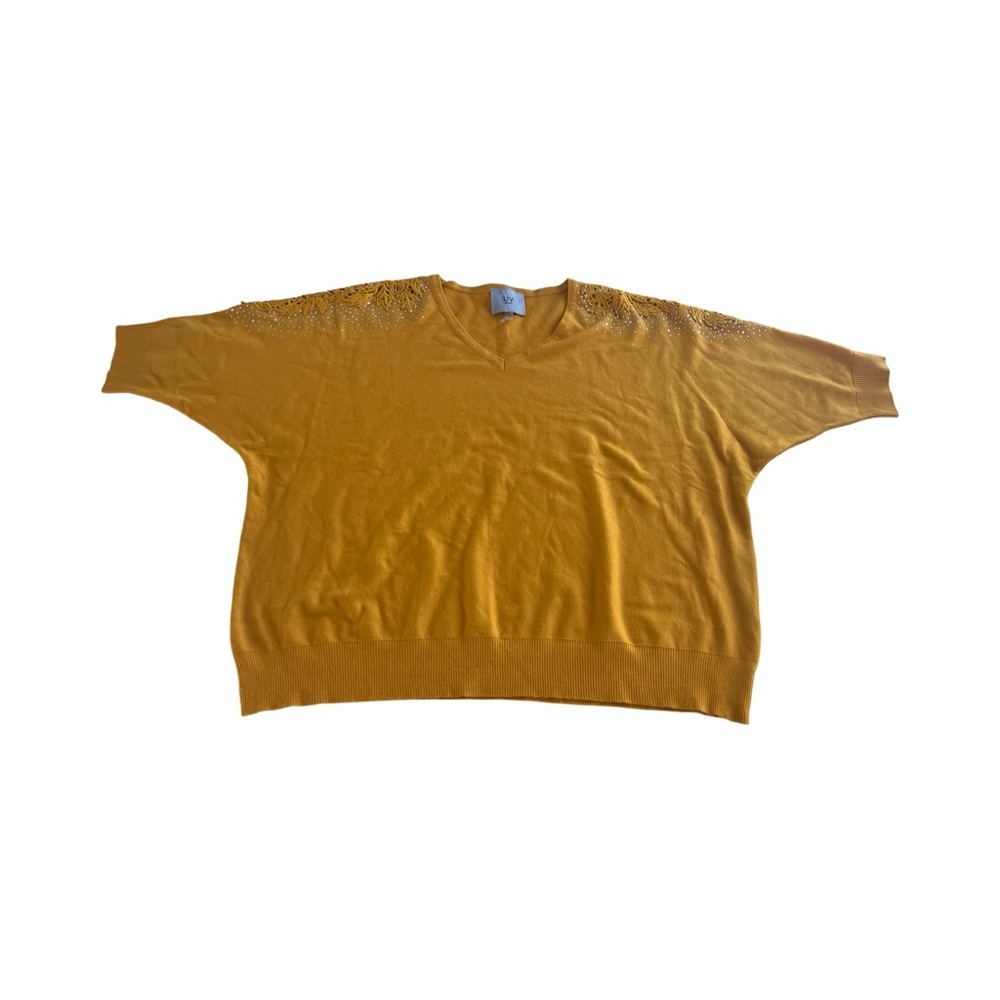 Liv Milano Womens Mustard Yellow Batwing Sweater Rhinestone Crochet Lace Large